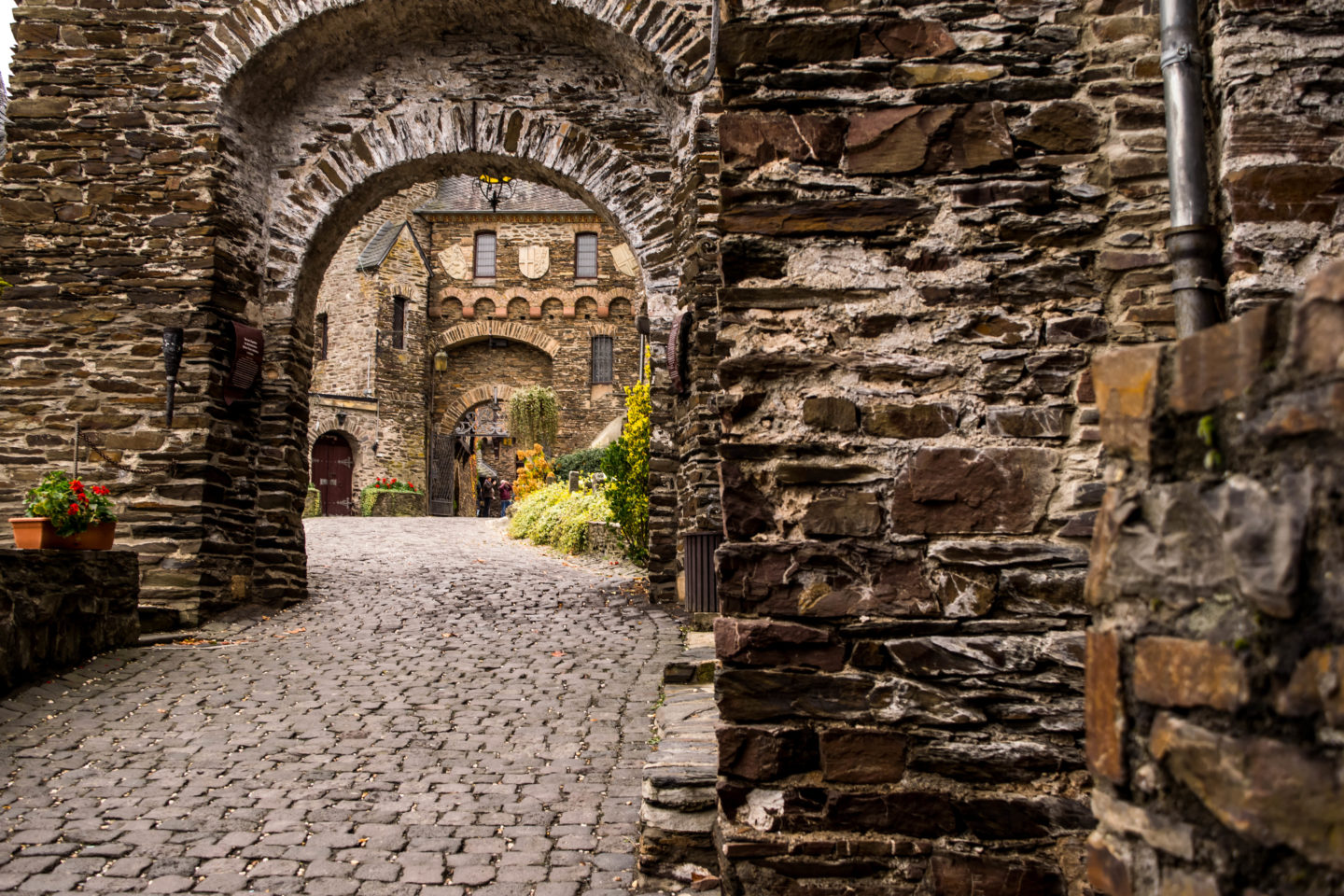 Looking through the many arches at Cochem Castle