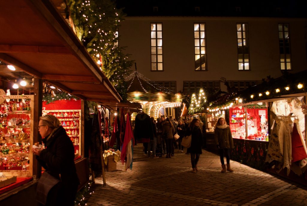 Carousels and gift stalls at a German Christmas Market