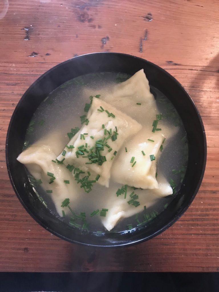 A bowl of steaming Maultaschen I made at home. 