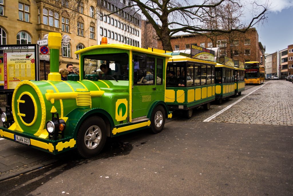 The cute Chocolate Express minitrain in Cologne that takes you from the Cologne Cathedral to the Chocolate Museum. 