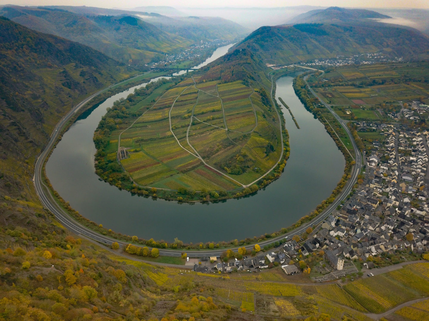 The river Mosel makes an impressive hairpin turn near the town of Bremm.