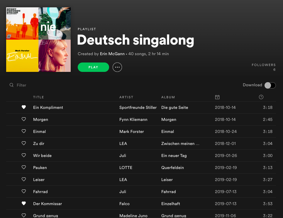 My German singalong playlist on Spotify